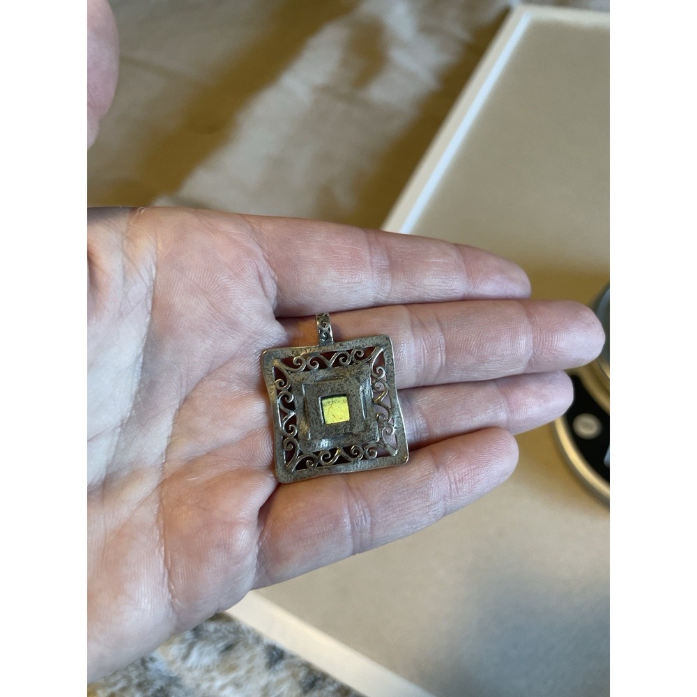 Artisan Signed Sterling 925 Filigree Pendant Square Labradorite Hand Crafted